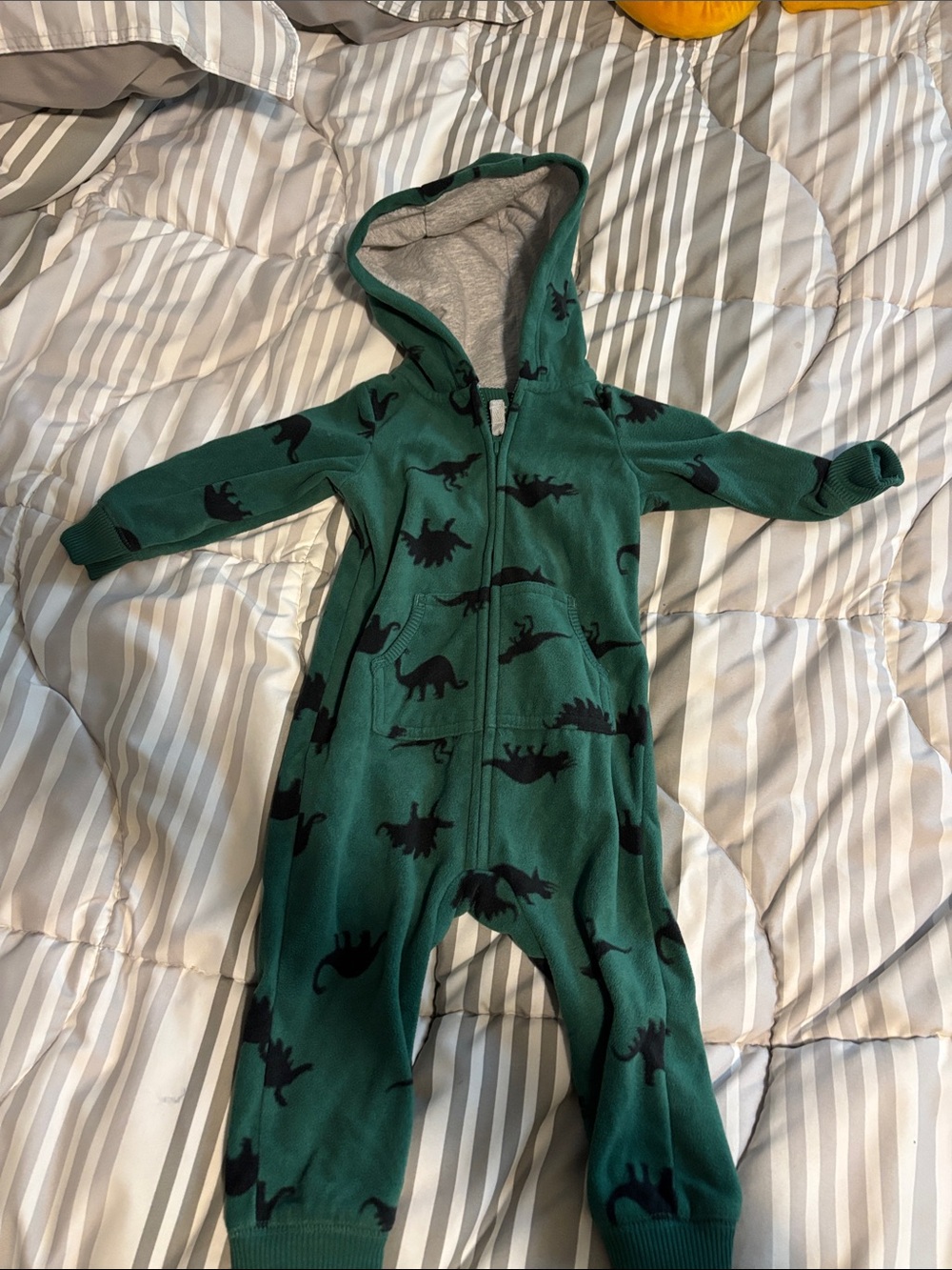 Kids Green fleece Hooded One-Piece Romper with Dinosaur Print